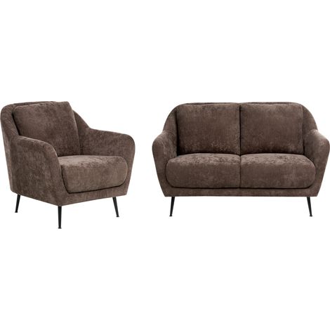 Conjunto de sala de estar 3 plazas tapizado de chenilla patas de hierro negras con reposabrazos asiento grueso moderno marrón oscuro Eiby