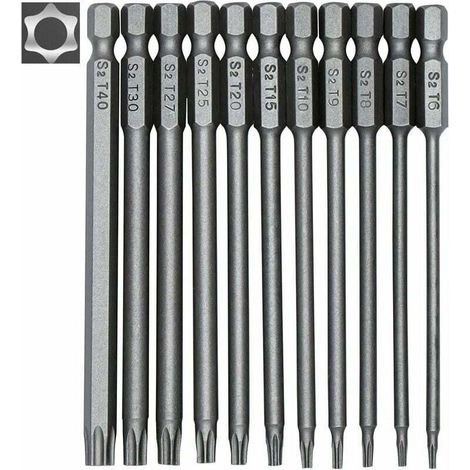11-teiliges langes Torx-Schraubendreher-Bit-Set – magnetische Bits – 1/4-Zoll-Sechskantschaft – Größen T6 bis T40 – 100 mm Länge (1/4)
