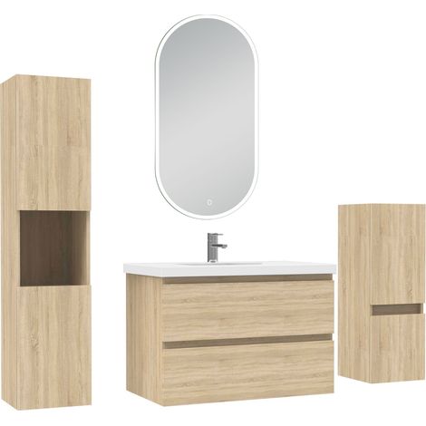 Acezanble ensemble meubles Salle de Bain 80cm vasque + colonne + miroir lumineux Chêne Wotan