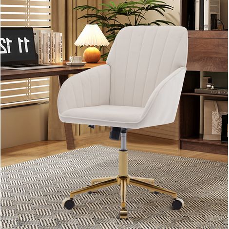 Chaise de bureau en velours blanc, hauteur réglable 50 à 59 cm, pivotante 360°, dossier ergonomique et 5 roulettes pour longues utilisations – de FLORAGRACE (1/5)