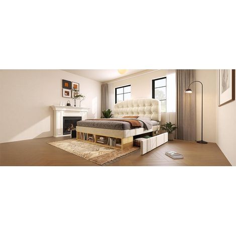 Lit double beige 140 x 190 cm en velours avec sommier à lattes, tête de lit réglable et tiroirs de rangement pour chambre et studio (1/5)