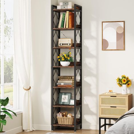 Tribesigns 200cm Extra Tall Narrow Bookshelf, 7 Tier Skinny Bookcase for Small Spaces, Freestanding Display Shelves, Multifunctional Corner Storage Organizer for Home Office, Rustic Brown (1/5)
