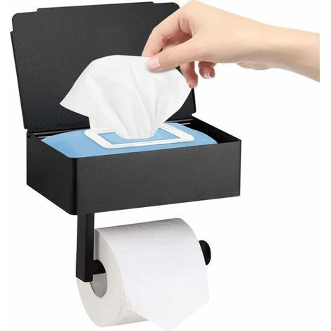 Porte-papier toilette avec compartiment pour lingettes humides, noir mat, fixation murale, acier inoxydable (1/5)