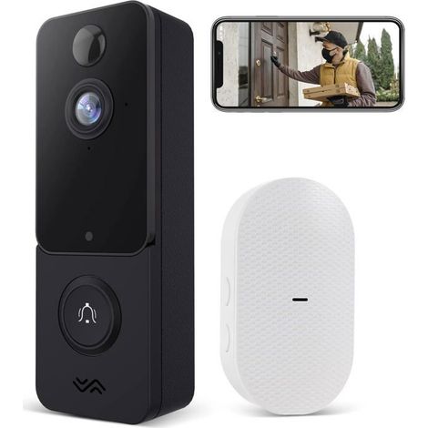 Sonnette vidéo WiFi sans fil caméra 1080P vision nocturne audio bidirectionnel batterie intégrée (1/4)