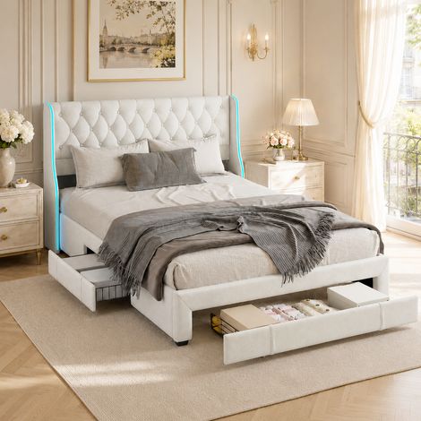 Lit capitonné 160 x 200 avec 3 tiroirs - Lit double adulte 160 x 200 cm - Tête de lit avec bandeau lumineux LED - Velour beige (1/5)