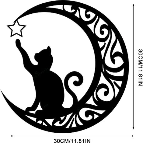 Metallschild „Schwarze Katze auf dem Mond“, silber/schwarz galvanisiert, kreativer Anhänger 30 cm, einfache Montage für Fenster/Kaminsims. (1/5)