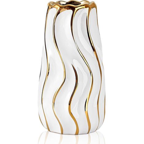 Vase aus weißer Keramik für Innendekoration, Vase mit Blumendekor, Vasen aus Keramik mit Rayures Verticales für Dekoration (1/5)