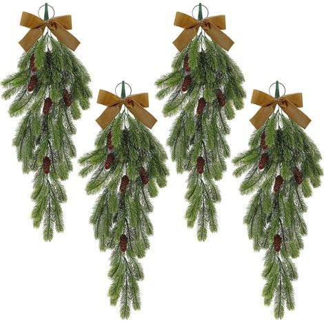 Confezione da 4 festoni natalizi a goccia con fiocco in velluto, 50 cm, colore verde pino country, con pigne, festoni a goccia da appendere alla porta d'ingresso, poncho - 50 cm - confezione da 4 (1/5)