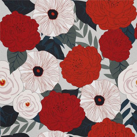 Tela decorativa para exteriores tipo oxford - motivo de flores blancas y rojas I DX569 (1/5)