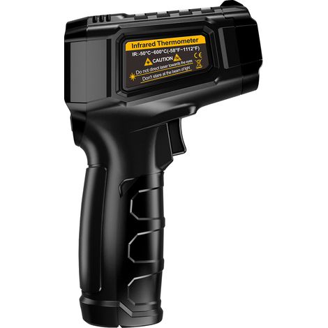 Thermomètre infrarouge sans contact, -50 °C à 600 °C (-58 °F à 1112 °F), émissivité réglable, rapport signal/bruit 12:1, écran LCD rétroéclairé, alarmes haute/basse température, maintien des données, (1/5)