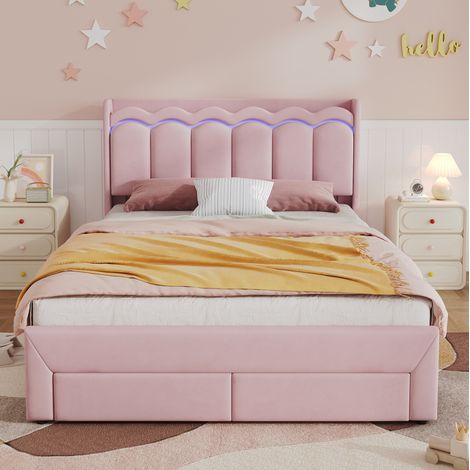 Letto per bambini 140x200 in velluto rosa con contenitore, senza materasso FloraGrace (1/5)