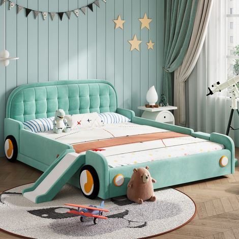 Lit enfant double forme voiture 140x200 cm toboggan escalier modulable gauche droite protection antichute matelas bleu canard chambre enfant (sans Matelas) (1/5)