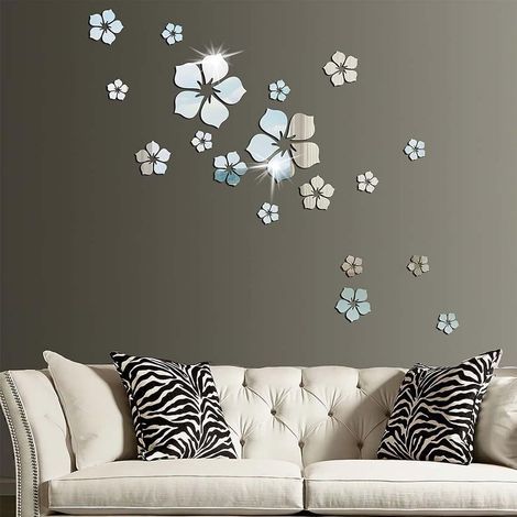 Autocollants muraux fleurs argentées, 18 pièces, autocollants muraux miroir acrylique amovibles, décoration d'intérieur, autocollants muraux fleurs 3D pour salon, chambre à coucher, bureau