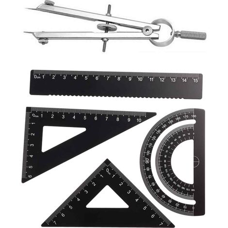 5 pièces instruments de géométrie, règle rapporteur compas, en alliage d'aluminium et fer, noir, pour enfants et étudiants (1/5)