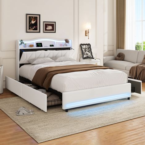 Lit 160x200 cm avec sommier LED et USB, Lit rembourrée 2 personnes avec tête de lit rangement et 4 tiroirs, Lit en Velours, adapté aux adultes ou aux adolescents, Beige (1/5)