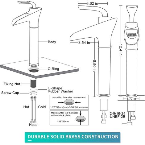 Rubinetto da bagno a cascata in ottone massiccio spazzolato color oro stile retrò, miscelatore regolabile per acqua calda e fredda con valvola in ceramica e tubi flessibili inclusi - ALTRO (1/4)