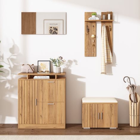 Ensemble armoire d'entrée - 140x35x133cm - fixé au mur - banc à chaussures, armoire à chaussures, miroir, étagère - naturel (1/5)