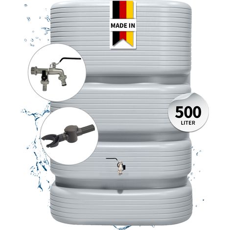 4rain QUADRO Regentonne Wandtank Komplett-Set 500 Liter betongrau inkl. Chrom-Doppelauslaufhahn und Fallrohranschluss (1/5)