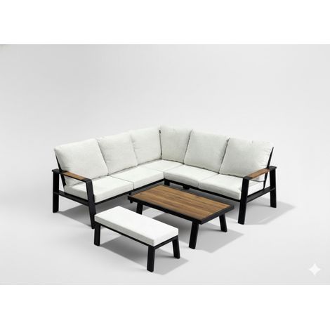 Gartenecklounge CALVARO 4-Sitzer aus schwarzem Aluminium mit beigen Kissen, Bank und Couchtisch in Holzoptik