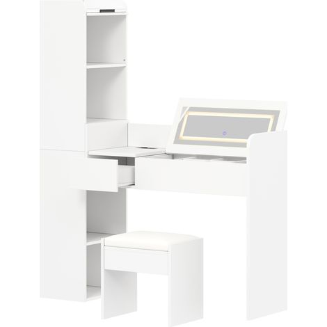 Toeletta bianca con specchio LED pieghevole, porta USB, mobile laterale e sgabello HOMVRA (1/5)