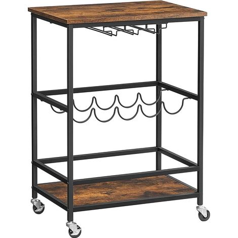 Desserte mobile sur roulettes avec supports pour verres et portes-bouteilles 60 x 40 x 75 cm style industriel en aggloméré marron (1/5)