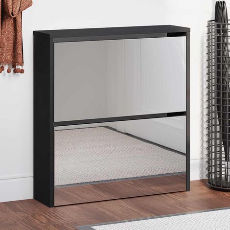 Schuhschrank mit Spiegel 2 Fächer Schwarz 63x17x67 cm
