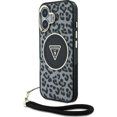 Guess iPhone 16 Hülle mit MagSafe und Leopardenmuster-Gurt