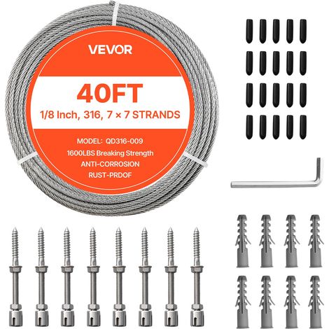 Câble Acier Inoxydable 3,2 mm x 12,2 m Cable Inox 316 Kit Fil Tressé Inox pour Garde-corps de Terrasse, Treillis Jardin, Suspension Guirlandes Lumineuses, Résistance à Rupture 7,1 kN, 7x7 Brins (1/5)
