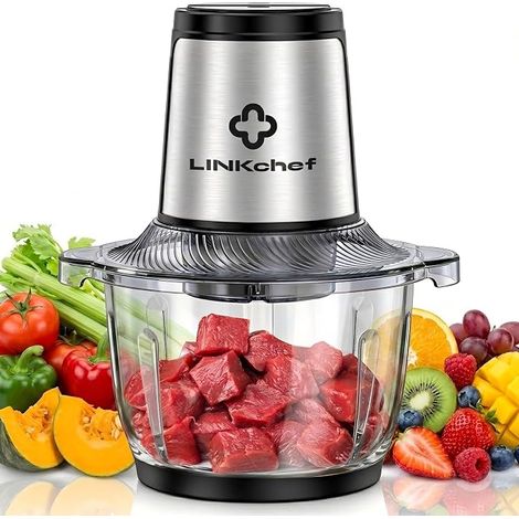 Tritatutto elettrico con ciotola in vetro e lame in acciaio inossidabile, mini robot da cucina (1/5)