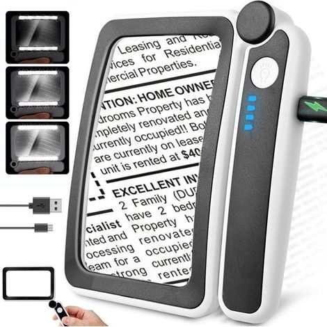 Leselupe – Nicht spezifiziert – 4-fache Vergrößerung – 3-stufige LED-Beleuchtung – Klappgriff – Schwarz (1/5)