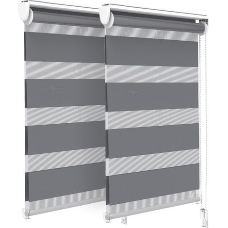VOUNOT Set of 2 Zebra Roller Blind Double Fabric, Day and Night Translucent or Blackout Vision Curtains, Grey, 50 x 150 cm