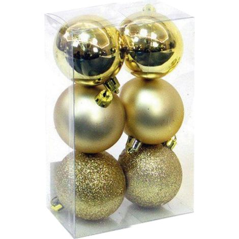 Packung mit 6 Weihnachtskugeln Ø8cm (2 glänzend, 2 matt und 2 glitzernd) aus goldfarbenem Kunststoff