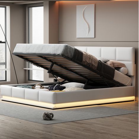 MEUBLIV Lit coffre 180 x 200 cm lit adulte capitonné avec LED et tête de lit réglable,rangement hydraulique, Style scandinave (1/5)