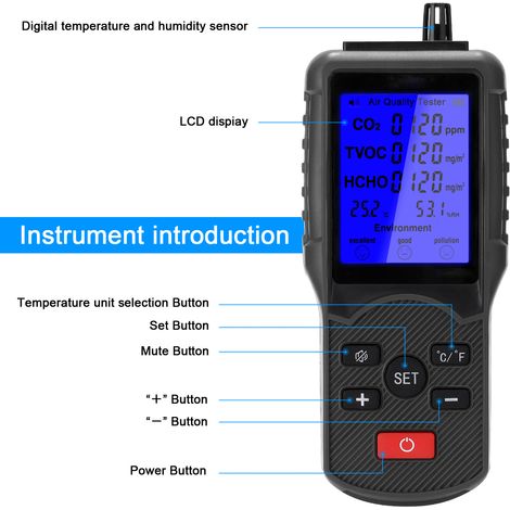 Testeur de Qualité d'Air Multifonction JD-3002: CO2, TVOC, HCHO, Température, Humidité avec USB (1/4)