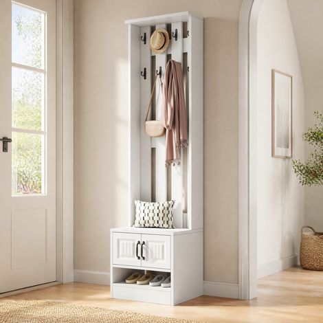 Mobile scarpiera 50x36x190 cm, multifunzione, con seduta, armadio, pannello in truciolare bianco (1/5)