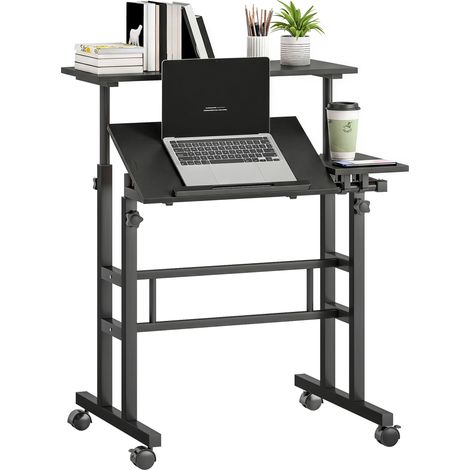 Bureau assis debout - HOMCOM - réglable en hauteur - 70 x 60 cm - à roulettes - avec plateau inclinable - cadre en métal - noir (1/5)