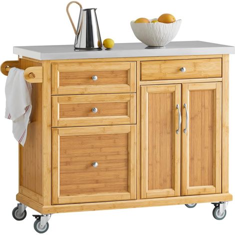 SoBuy FKW70-N Kücheninsel Luxus-Küchenwagen Küchenschrank aus hochwertigem Bambus mit Edelstahlarbeitsplatte Rollwagen BHT ca.: 115x92x46cm (1/8)