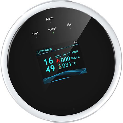 Detector de gas WiFi para gas doméstico (propano), USB, conexión mediante aplicación, alarma, indicador de temperatura, reloj, apto para autocaravanas, caravanas, cocinas y hogares [ABS], 8,7 cm, alim (1/5)