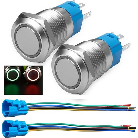 Bouton-Poussoir à Verrouillage 16mm avec Prise de Fil 3A/110V-230V CA 1 NO 1 NC SPDT on Off Métal Étanche IP65 Réinitialisation Automatique (LED Rouge et Verte) (1/5)