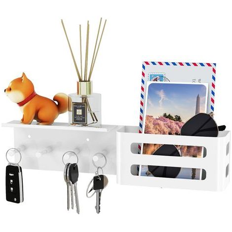 Porte-clés mural blanc avec 4 crochets, étagère murale décorative en métal pour clés, organiseur de clés et de courrier pour salon, entrée, vestiaire, couloir.