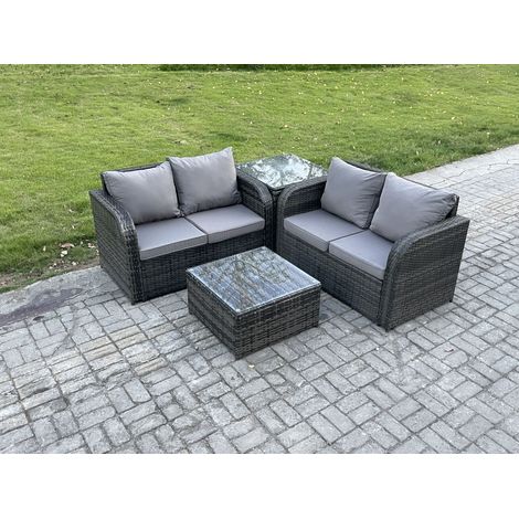 Fimous Rattan Sofa Set Outdoor Garden Furniture Set with Square Coffee Table Loveseat Sofa Side Table Dark Grey Mixed (1/5)