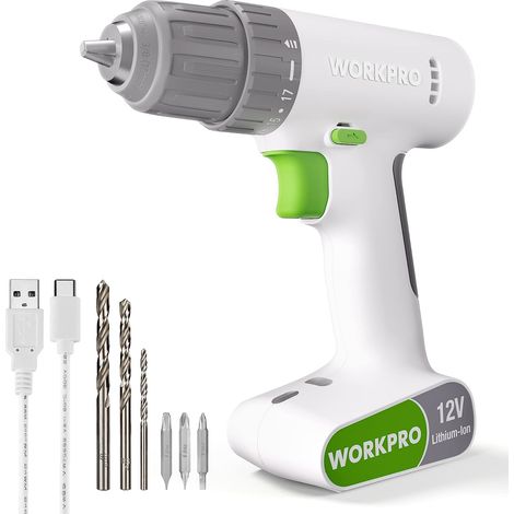 Workpro – Perceuse-visseuse sans fil 12V – Mandrin 10mm – Batterie 1500mAh – Charge USB Type C – Couple 17+1 – 3 forets HSS et embouts double tête (1/5)