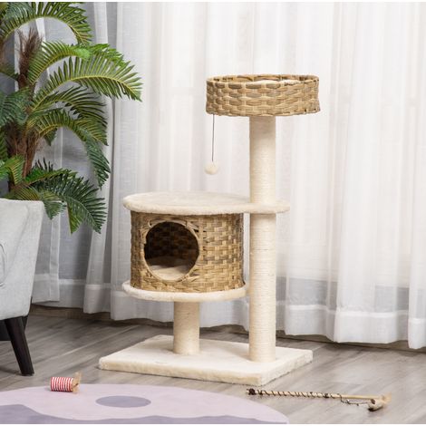 Albero per gatti in rattan con nicchia e pallina, 55 x 47 x 95 cm, naturale e beige DESVIAE (1/5)