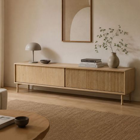 Mobile Porta tv Kamikaza, 2 Ripiani, 2 Ante, Ante Effetto Rigato, 187x40x52h cm Marrone Rovere (1/5)