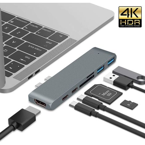 Un hub USB-C 7 en 1 pour MacBook avec HDMI 4K, Thunderbolt 3, lecteur de cartes SD/TF, port USB 3.0 et adaptateur multiport. (1/5)