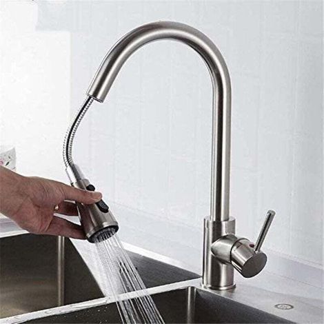 Robinet de cuisine, robinet d'évier mitigeur en laiton avec mitigeur, mitigeur à jet doux/jet fin, évacuation à deux voies (1/3)