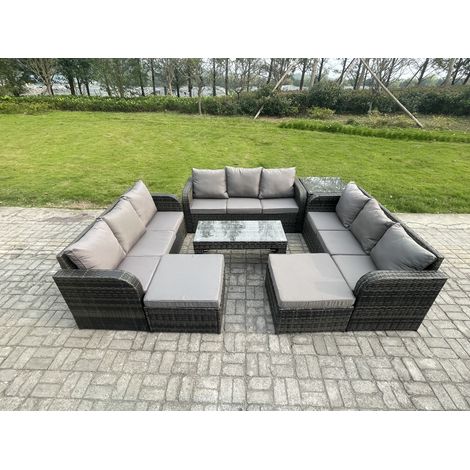 Fimous Polyrattan Gartenmöbel Set 11-Sitzer Patio Sofa Set mit Couchtisch 2 hohen Hockern Beistelltischen Dunkelgrau Gemischt (1/5)