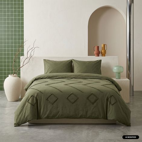 Parure de lit coton lavé tufté motifs ethniques 2 places vert. 1 housse + 2 taies 63x63cm 240 x 220 cm (1/5)