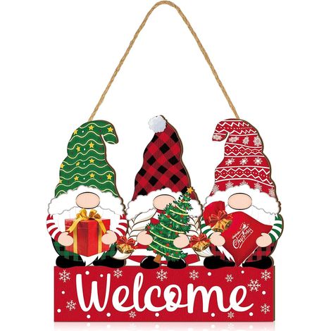 Panneau suspendu en bois avec gnome de Noël - Plaque de bienvenue rustique avec corde, décoration murale hivernale pour porte d'entrée, porche, maison de ferme et décoration intérieure/extérieure (1/5)