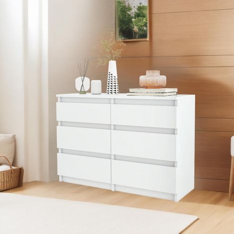 Commode 6 tiroirs blanche 100x30x70cm, design moderne, bois, rails coulissants (1/5)